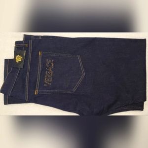 2024 Brand New! VERSACE Dark Denim straight legged Stretch  Jeans w/Gold Medusa